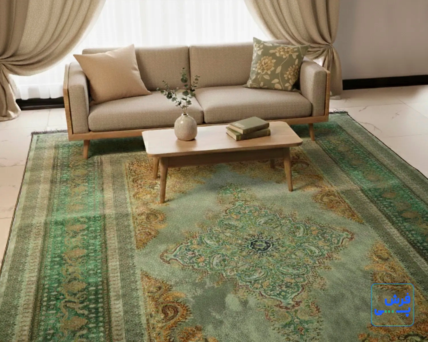 خرید قسطی |  فرش ابریشم ماشینی AJ1023 فیروزه‌‎ای سبز