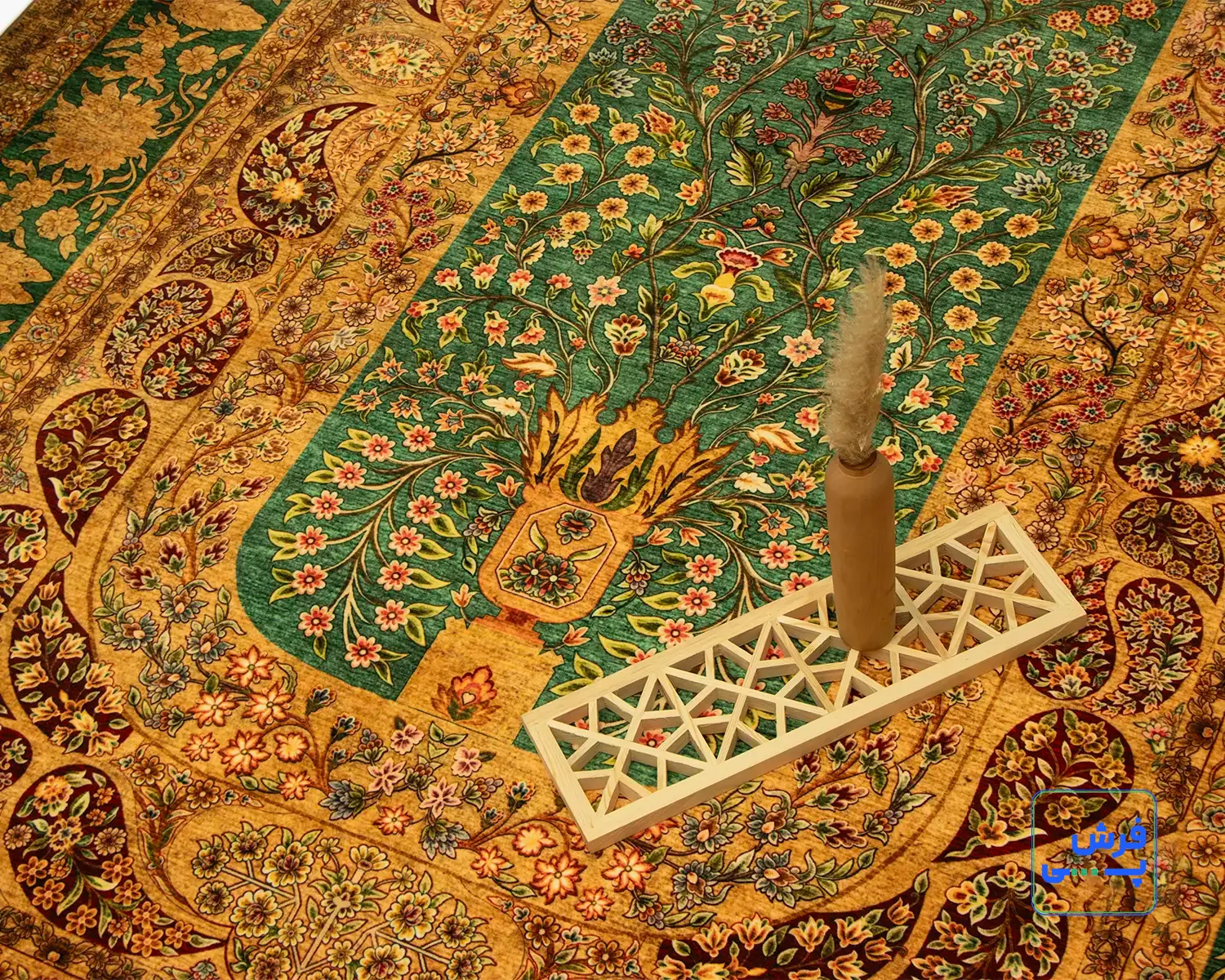 خرید قسطی |  فرش ابریشم ماشینی 202731 طلایی سبز