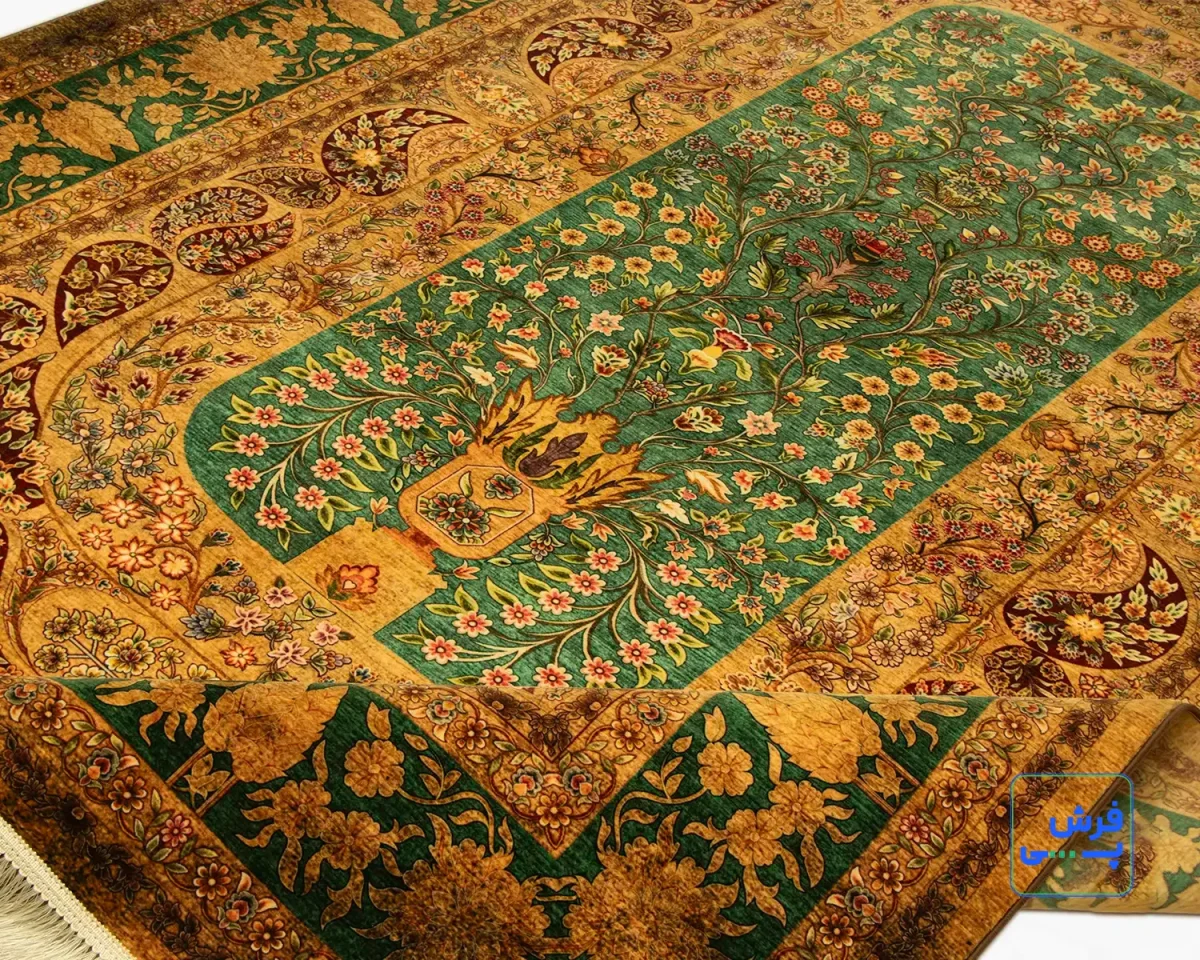 خرید قسطی |  فرش ابریشم ماشینی 202731 طلایی سبز