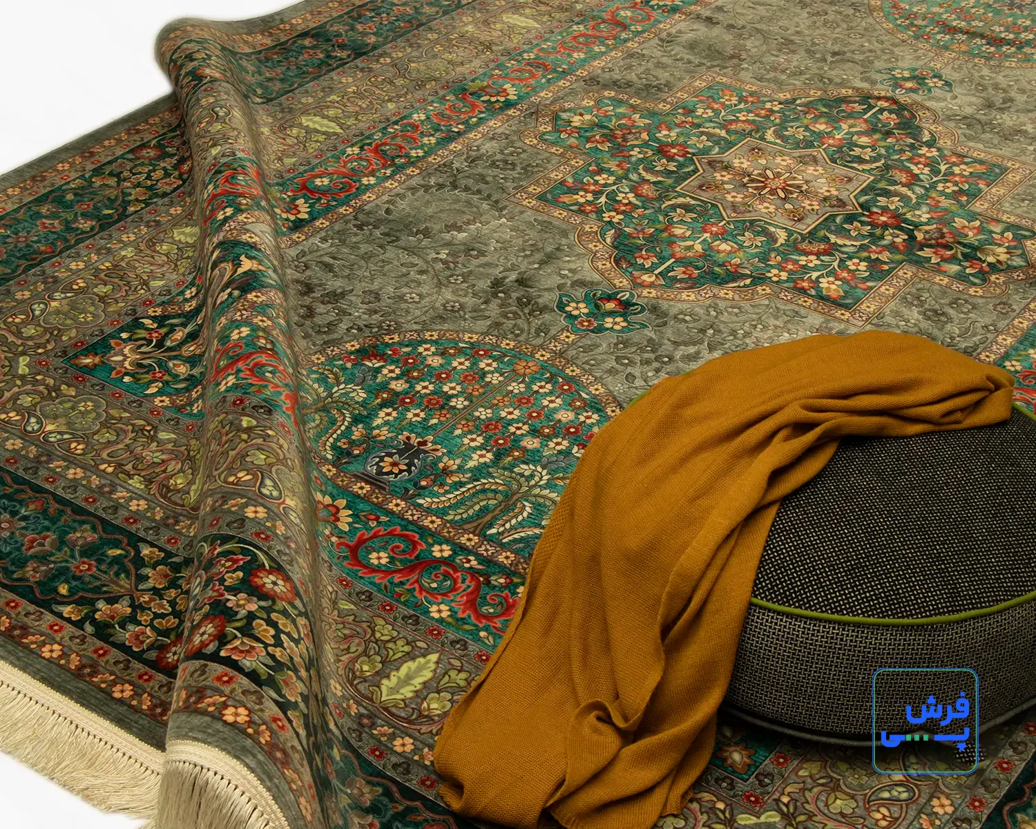 خرید قسطی |  فرش ابریشم ماشینی 202743 سبز آبی