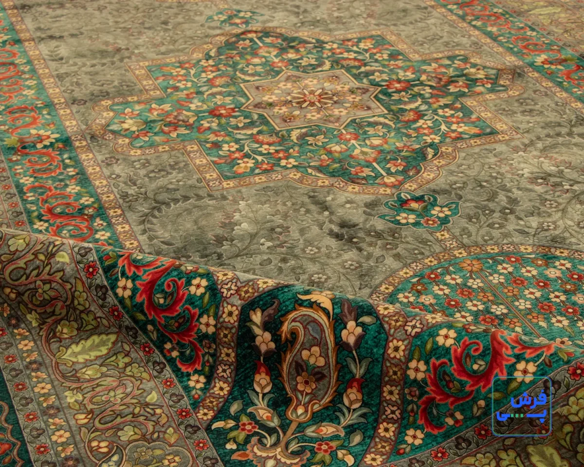خرید قسطی |  فرش ابریشم ماشینی 202743 سبز آبی