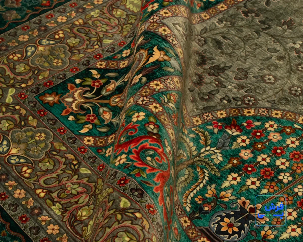 خرید قسطی |  فرش ابریشم ماشینی 202743 سبز آبی