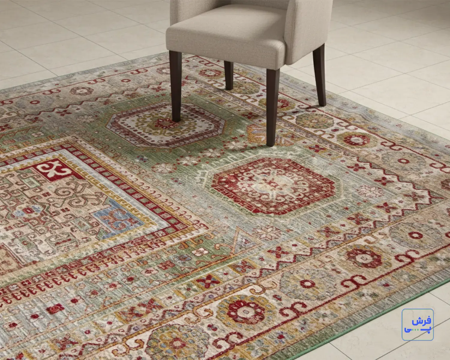 30157-e (10) خرید قسطی | فرش وینتیج 30157 کرم سبز لاکی