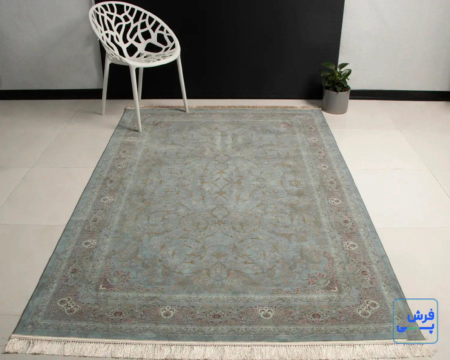 خرید قسطی |  فرش ابریشم ماشینی 702550 فیروزه‌ای طلایی