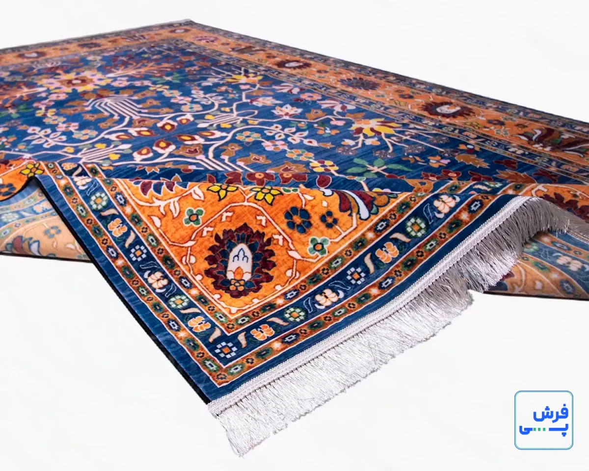 خرید قسطی |  فرش ابریشم ماشینی 730300 آبی حاشیه آجری