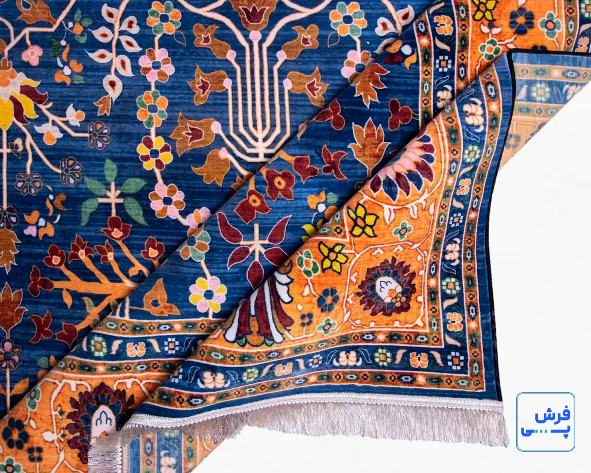 خرید قسطی |  فرش ابریشم ماشینی 730300 آبی حاشیه آجری
