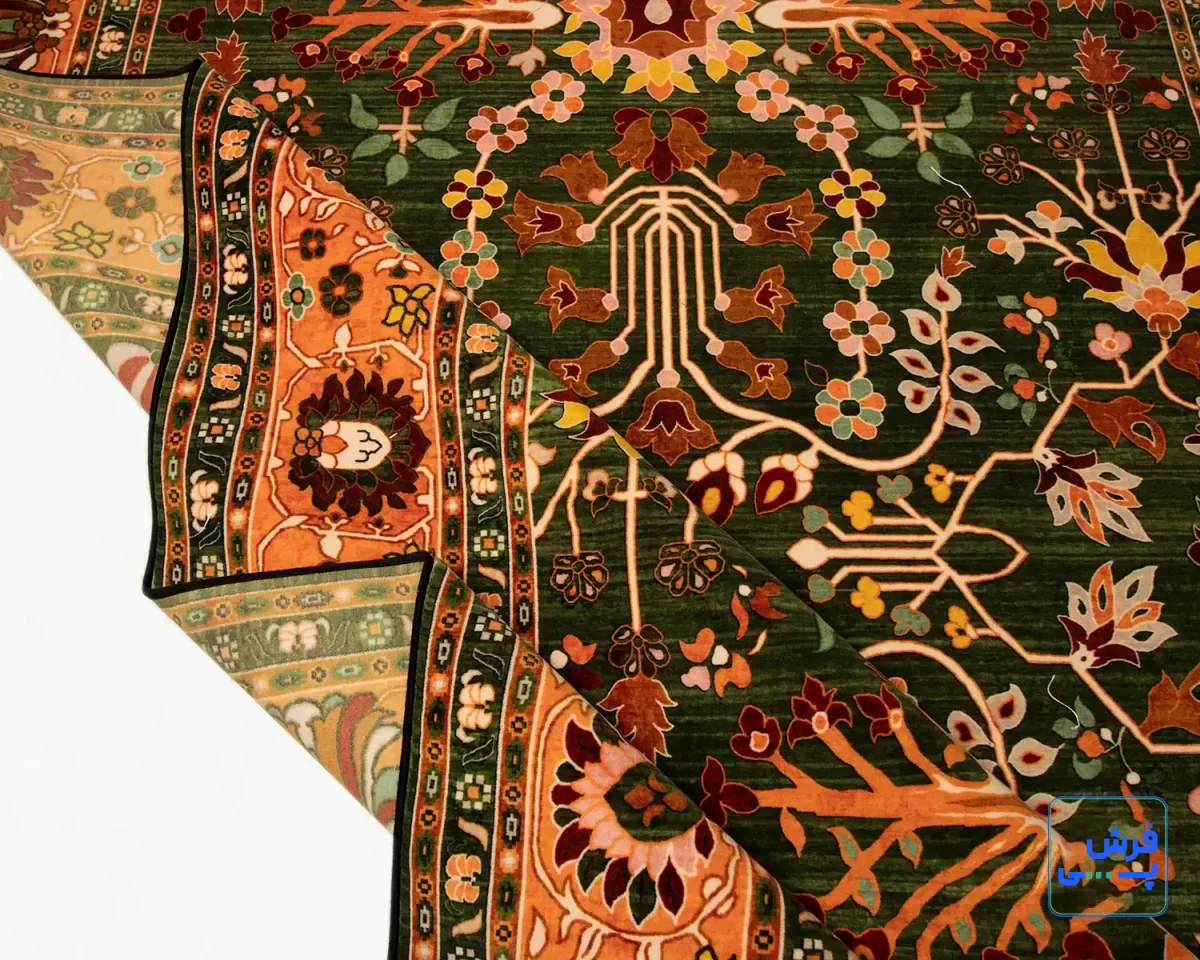 خرید قسطی |  فرش ابریشم ماشینی 730302 سبز نارنجی