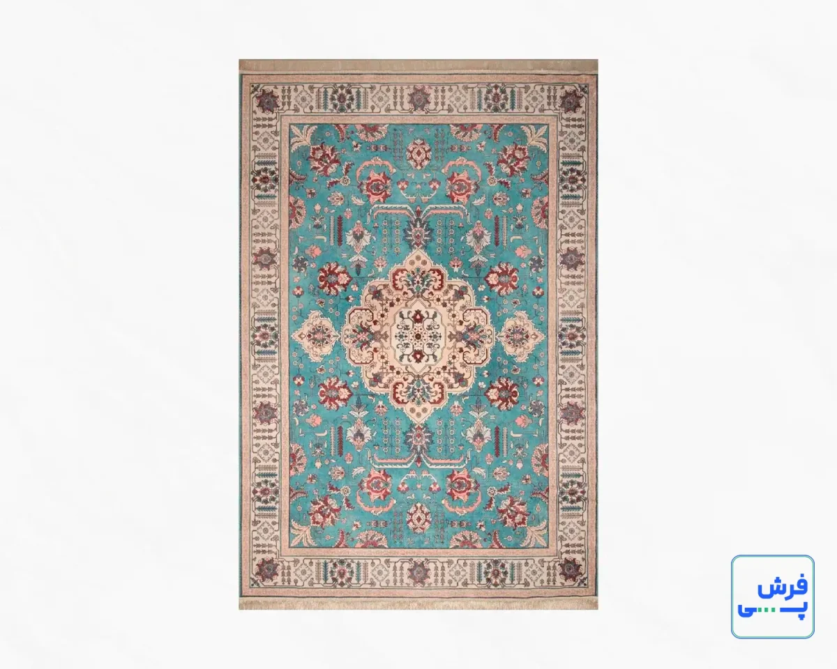 خرید قسطی |  فرش ابریشم ماشینی 743105 فیروزه‌ای کرم