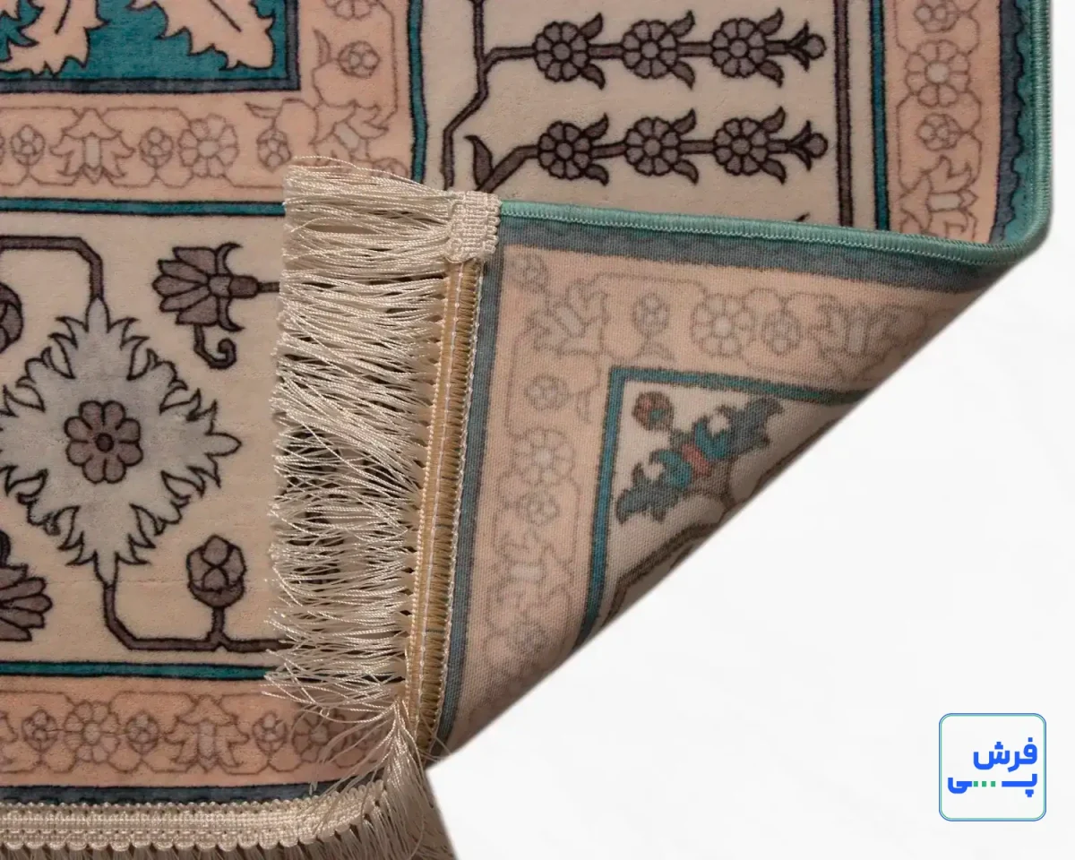 خرید قسطی |  فرش ابریشم ماشینی 743105 فیروزه‌ای کرم