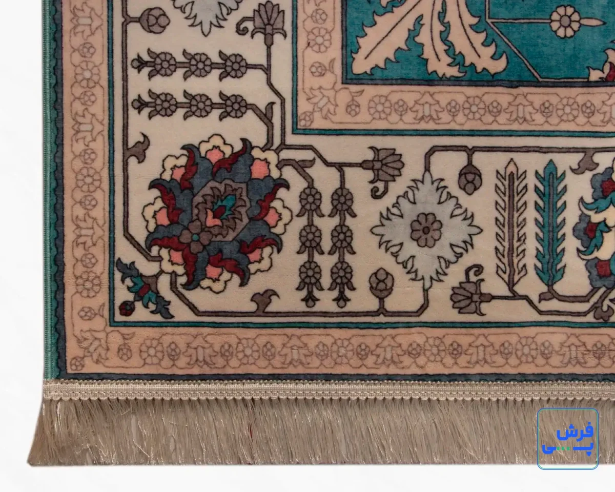 خرید قسطی |  فرش ابریشم ماشینی 743105 فیروزه‌ای کرم