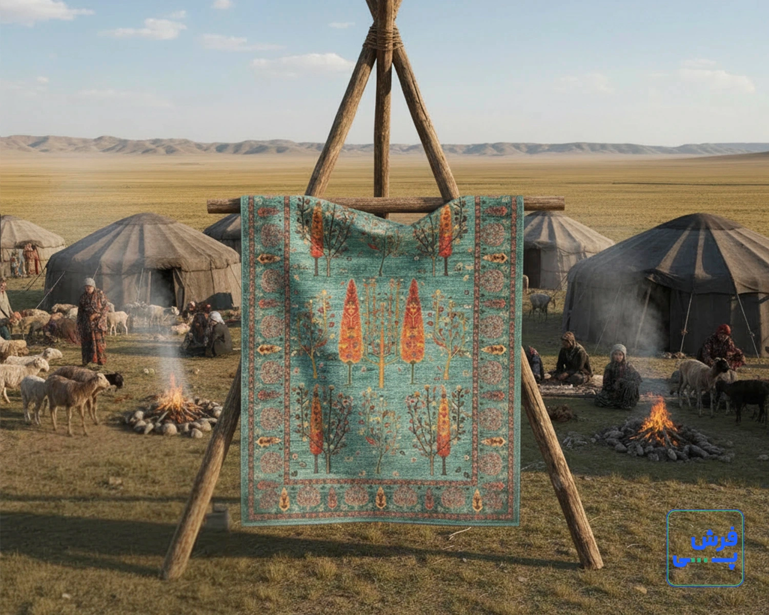 خرید قسطی |  فرش ابریشم ماشینی C1011 آبی نارنجی