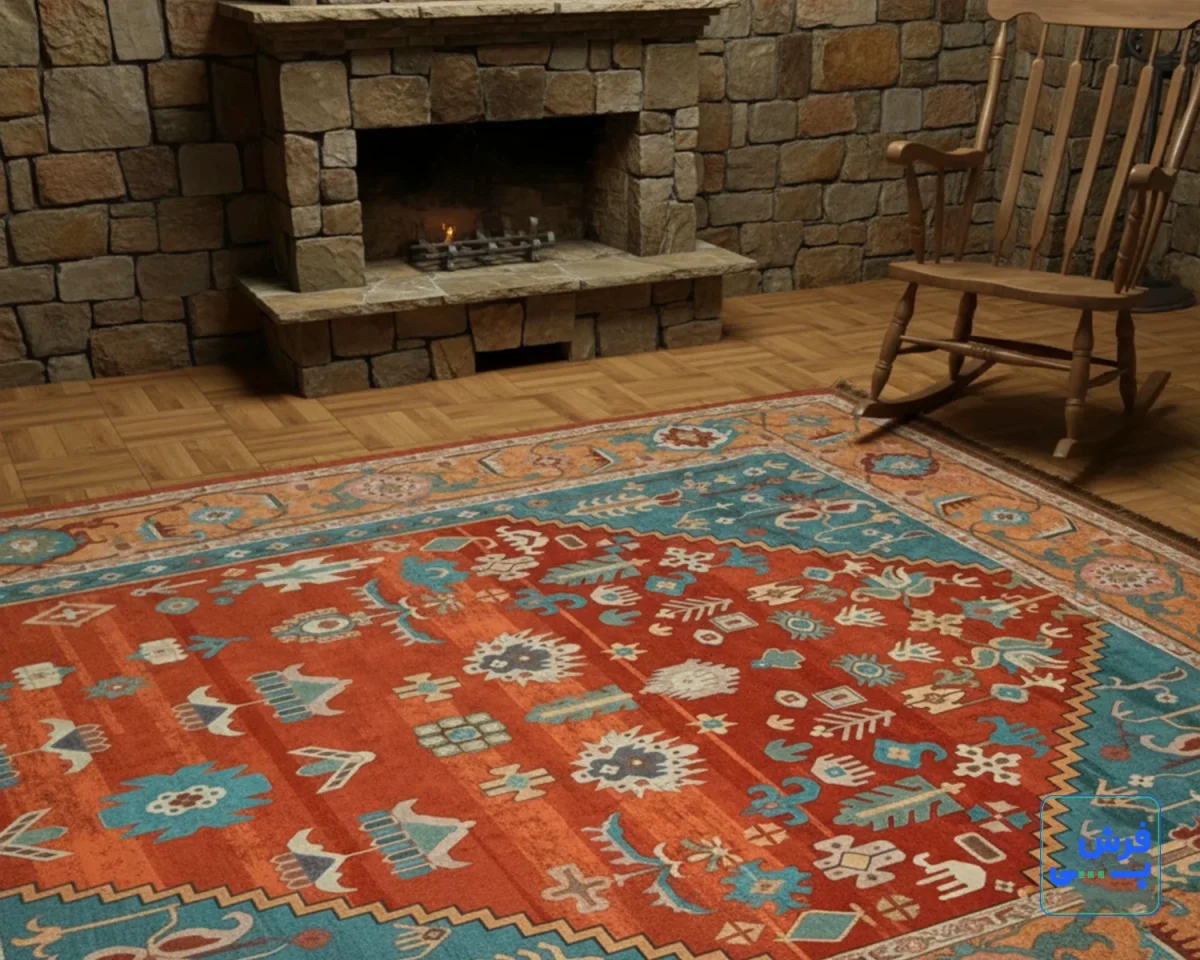 خرید قسطی |  فرش ابریشم ماشینی C1108 آجری آبی