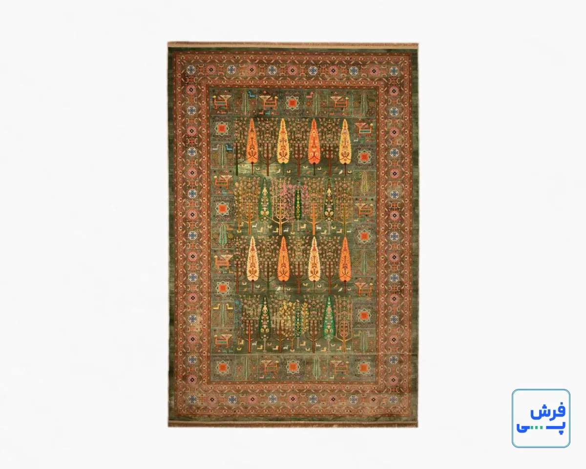 T1049-0.webp خرید قسطی | فرش ابریشم ماشینی T1049 سبز نارنجی