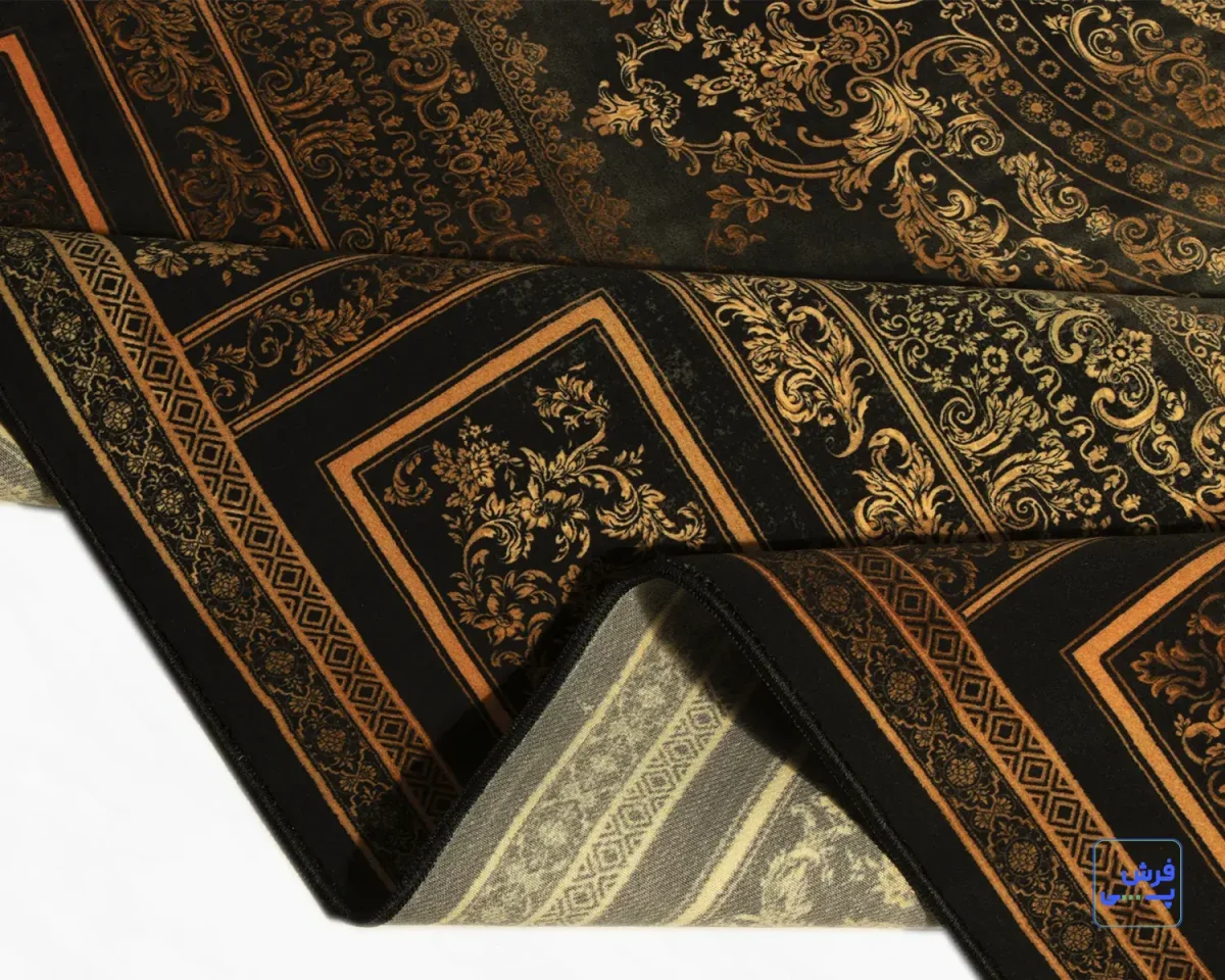 خرید قسطی |  فرش ابریشم ماشینی D1060 ذغالی طلایی