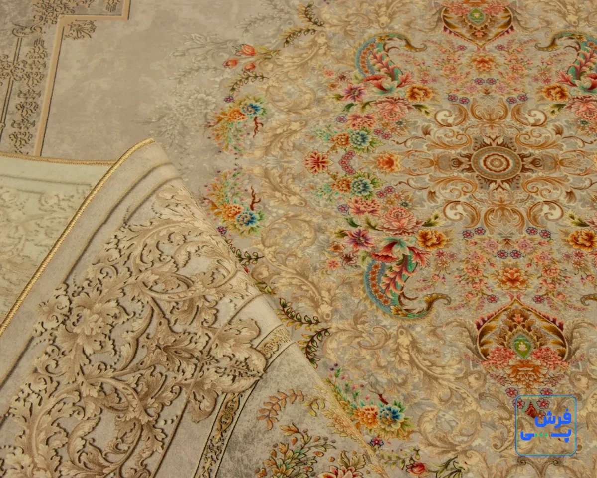 خرید قسطی |  فرش ابریشم ماشینی T1082 کرم طوسی