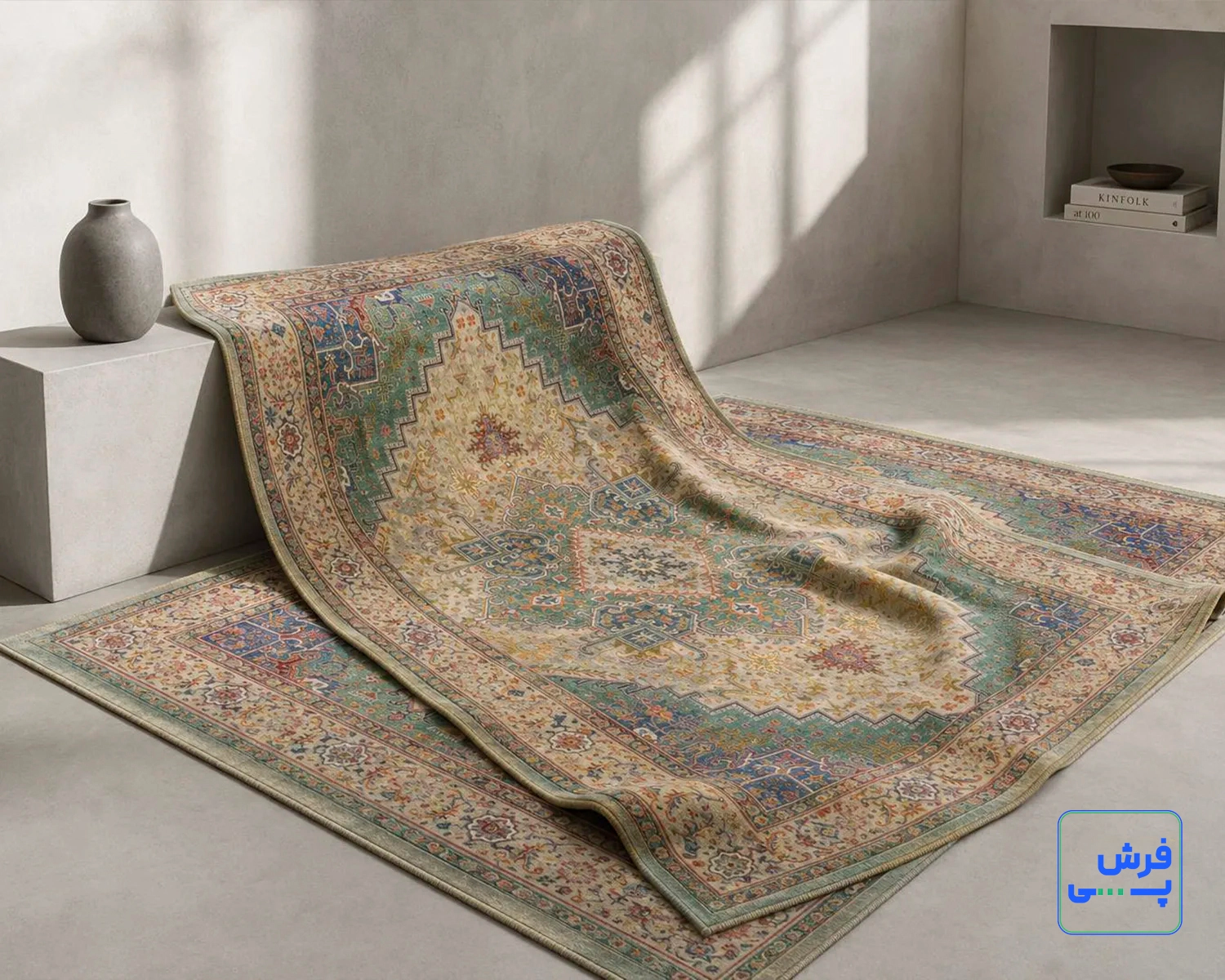 t-1091-10-1.webp خرید قسطی | فرش ابریشم ماشینی T1091 کرم سبز