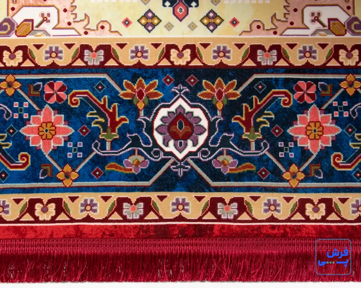 t1089-3.webp خرید قسطی | فرش ابریشم ماشینی T1089 لاکی حاشیه آبی