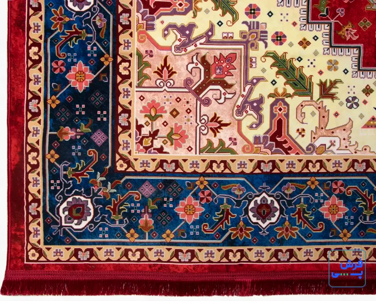 t1089-4.webp خرید قسطی | فرش ابریشم ماشینی T1089 لاکی حاشیه آبی