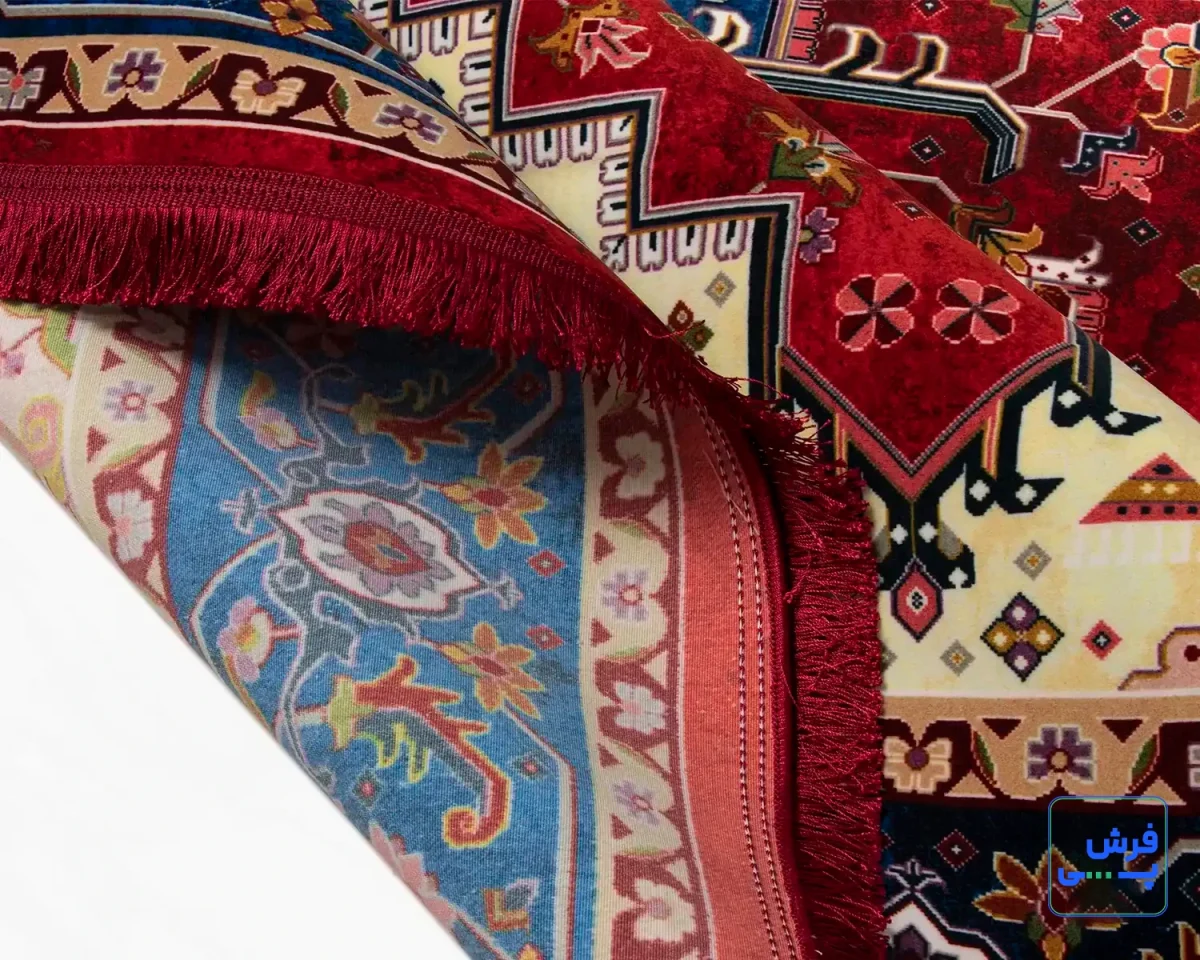 t1089-7.webp خرید قسطی | فرش ابریشم ماشینی T1089 لاکی حاشیه آبی
