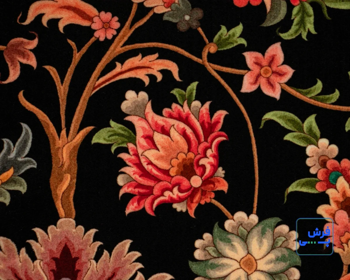 1030-9.webp خرید اقساطی | فرش ابریشم ماشینی باغ جاودان L1030 مشکی