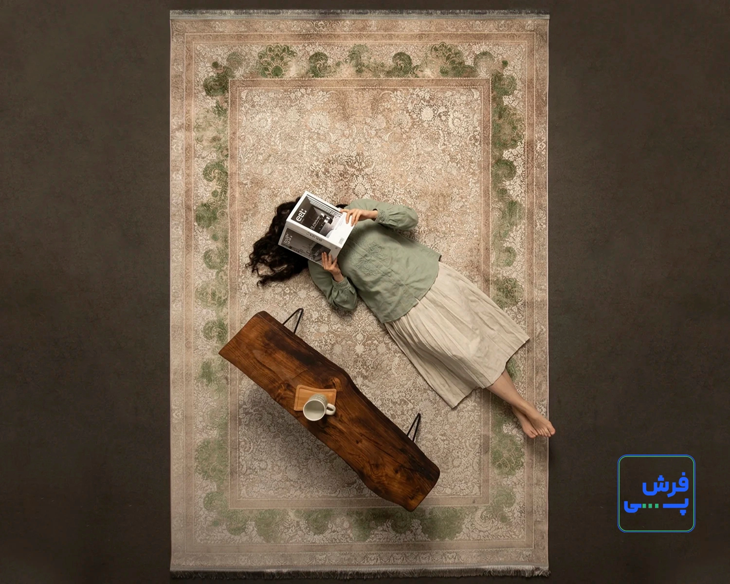 خرید اقساطی | فرش وینتیج 743522 کرم حاشیه سبز