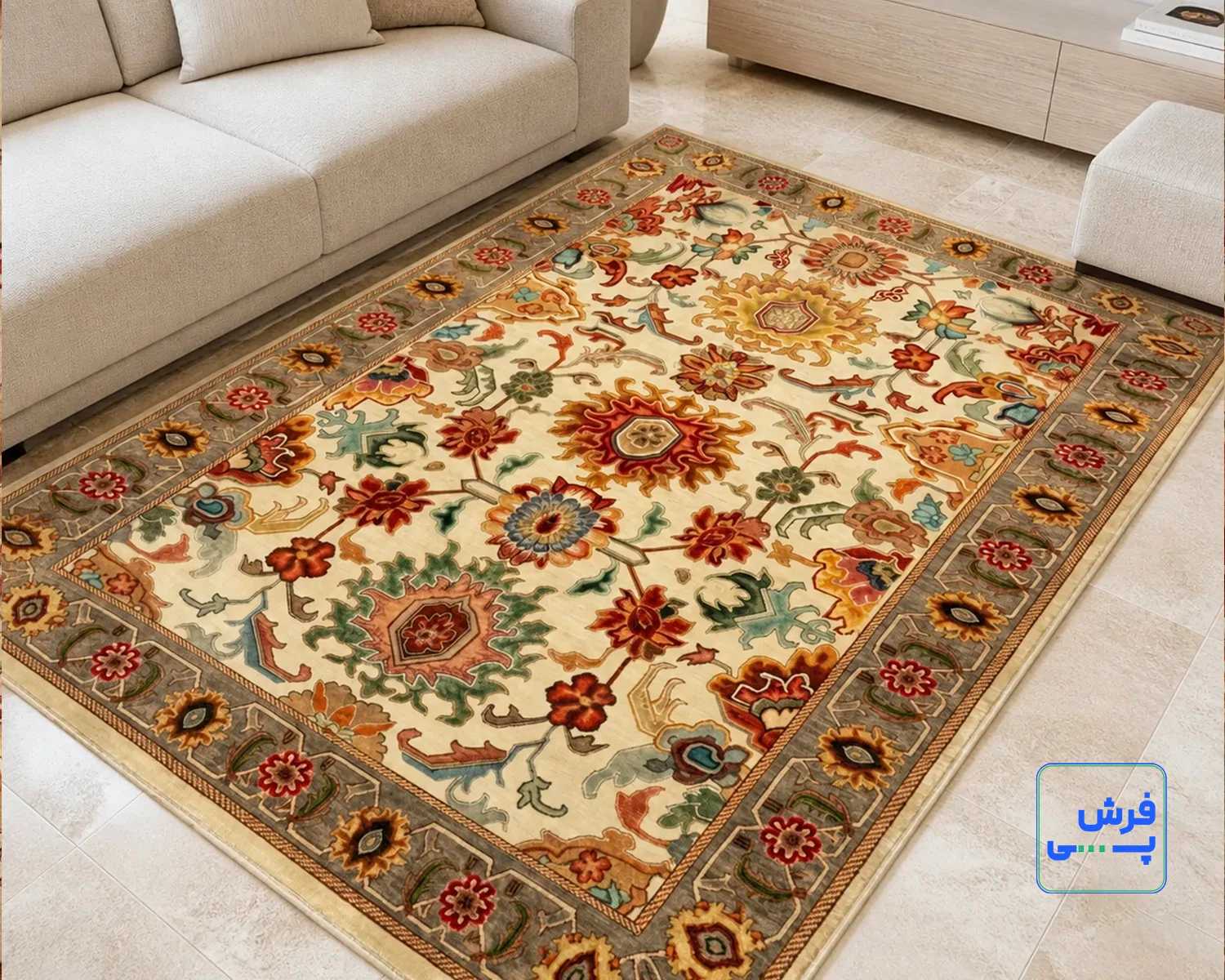 خرید اقساطی | فرش ابریشم ماشینی L1021 کرم