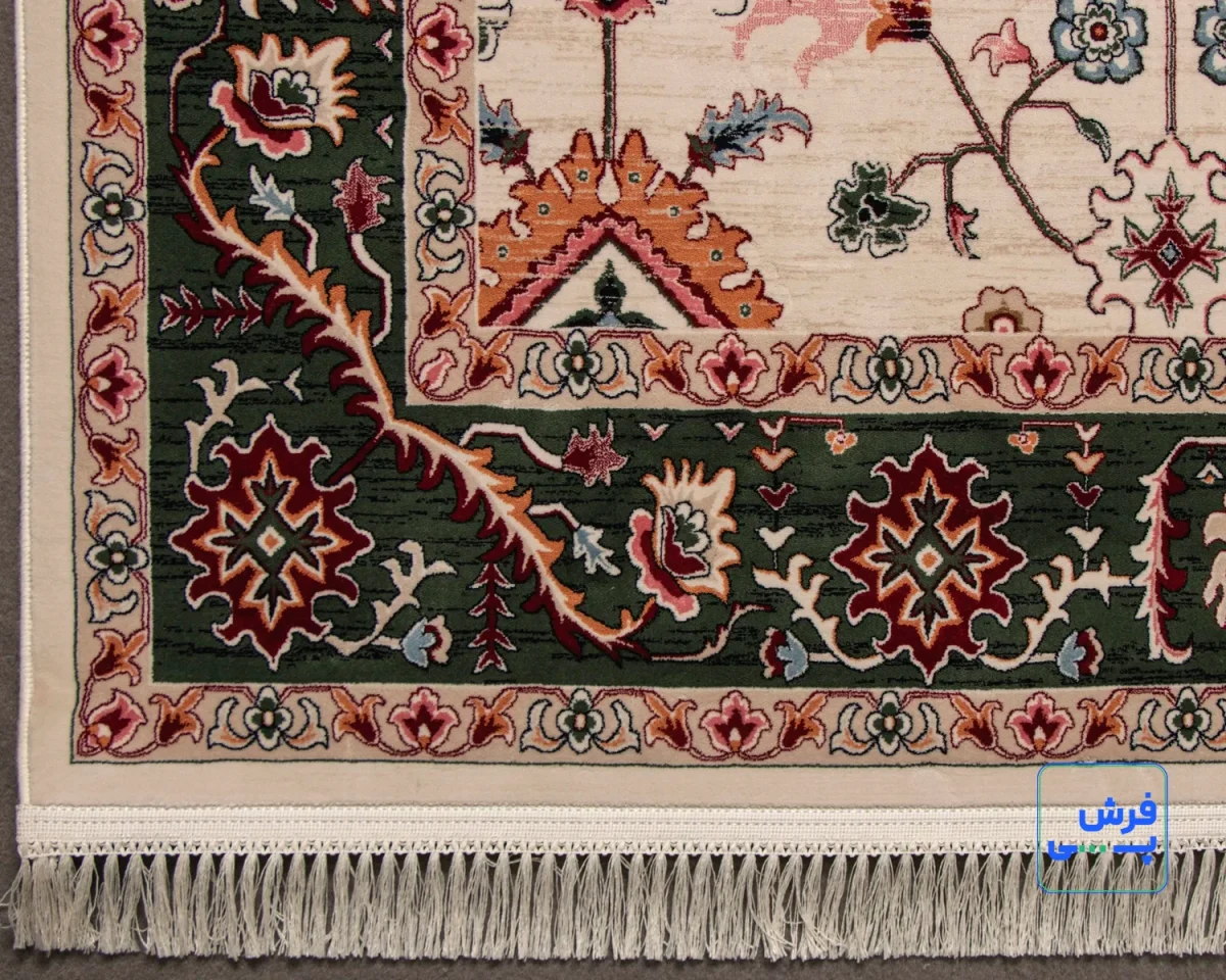 خرید اقساطی | فرش کلاسیک باغ فردوس کرم حاشیه سبز